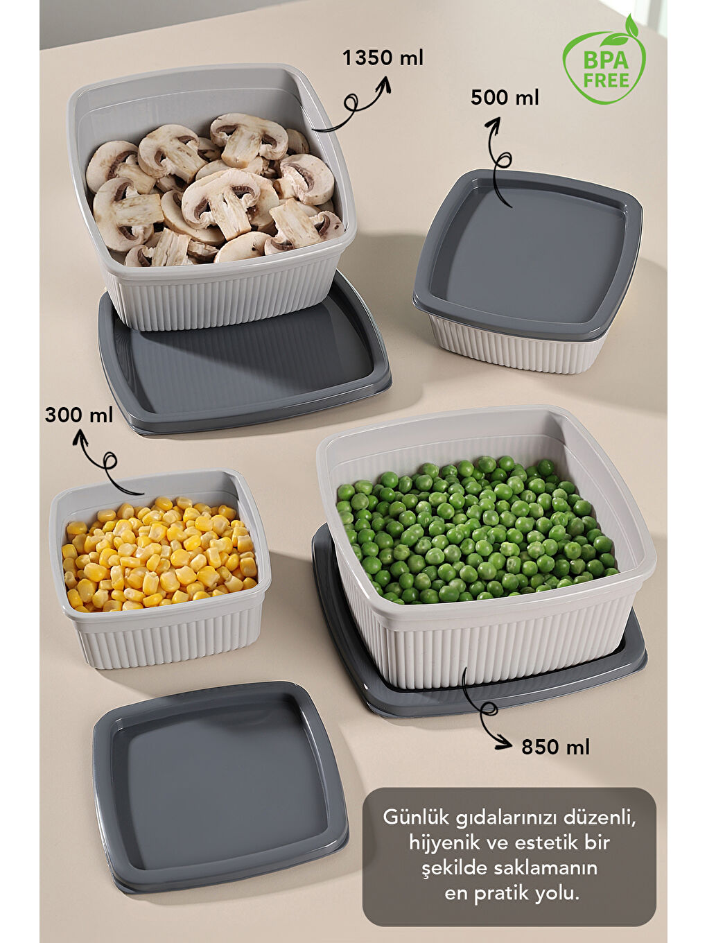 Gri 16'lı Çizgili Kare Gıda Saklama Kabı Seti-1