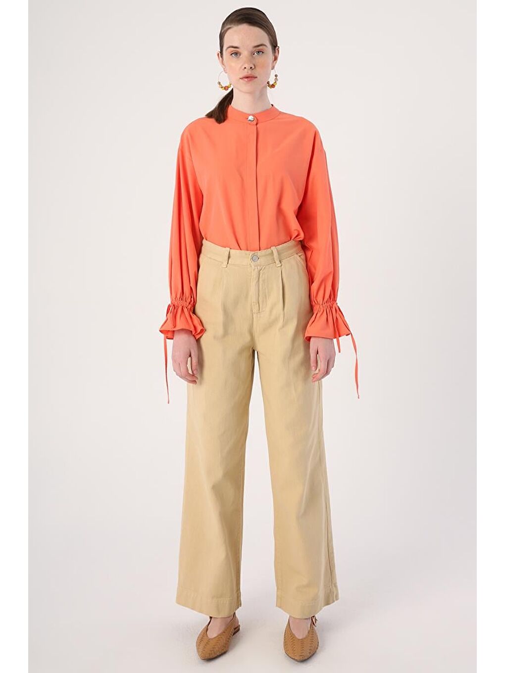 Bej-%100 Pamuk Pileli Bol Paça Cepli Pantolon-1