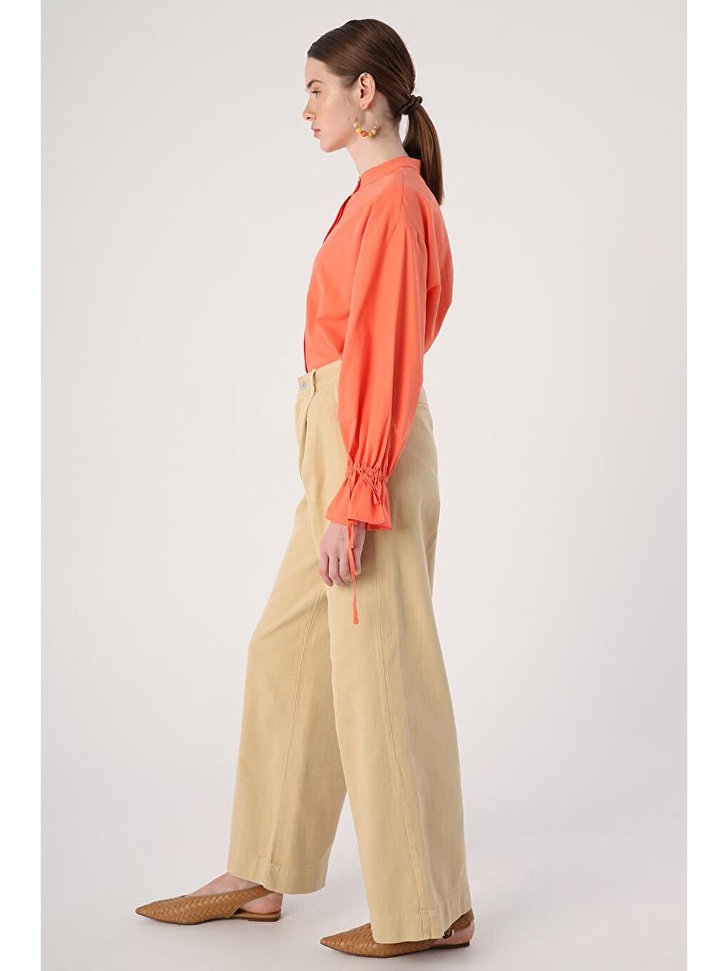 Bej-%100 Pamuk Pileli Bol Paça Cepli Pantolon-2