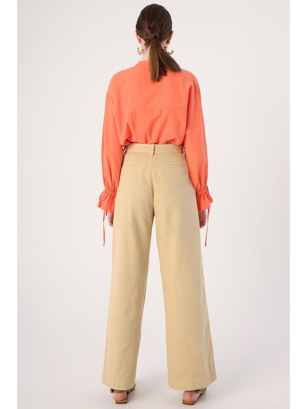 Bej-%100 Pamuk Pileli Bol Paça Cepli Pantolon-3