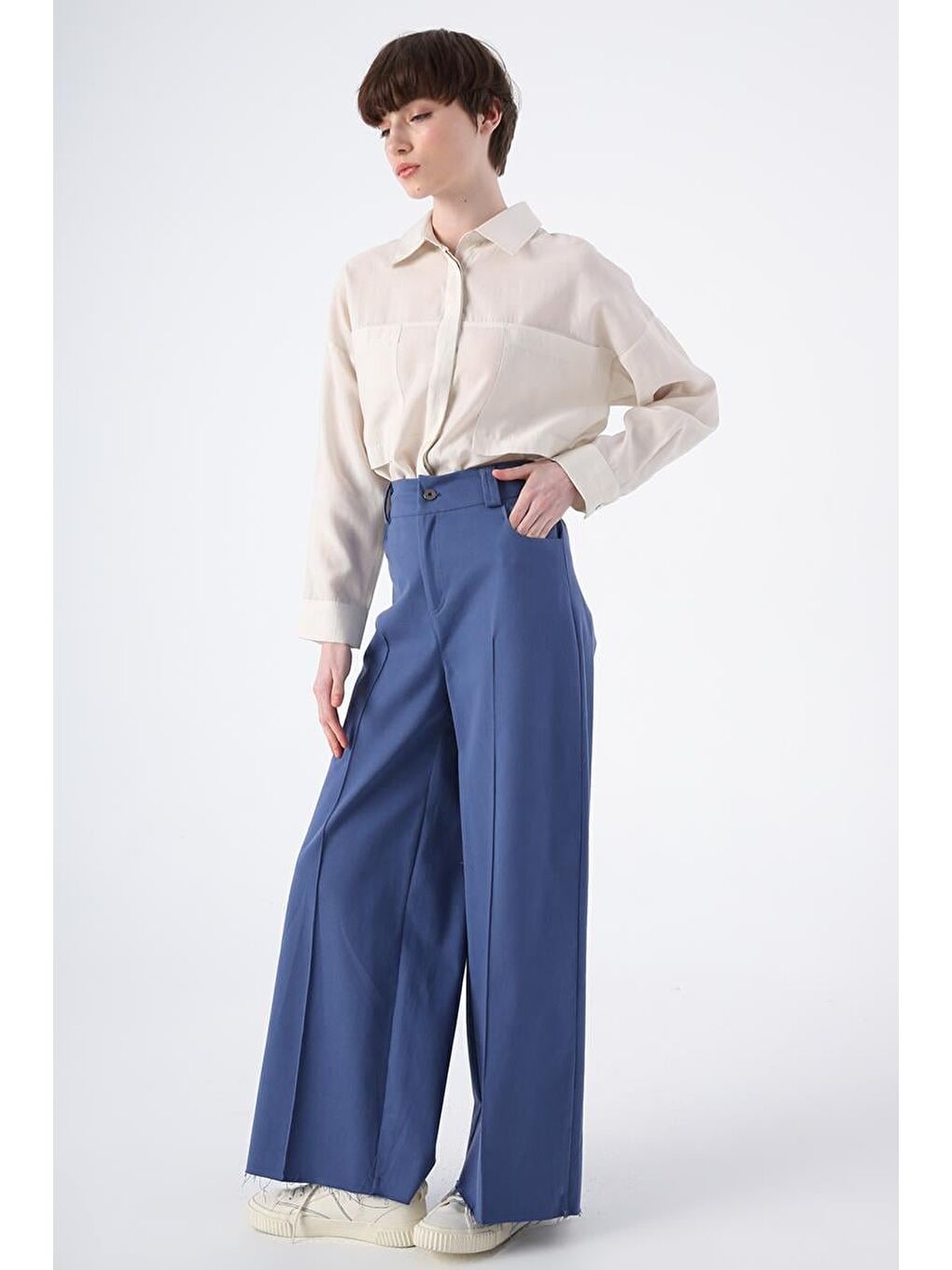 Mavi-Pamuklu Paçası Püsküllü Nervürlü Bol Paça Pantolon