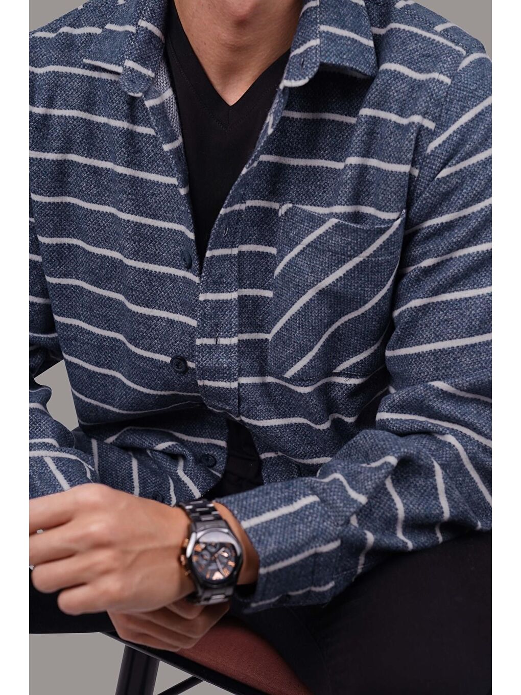 Mavi Beyaz Çizgili Oversize Oduncu Erkek Gömlek-1