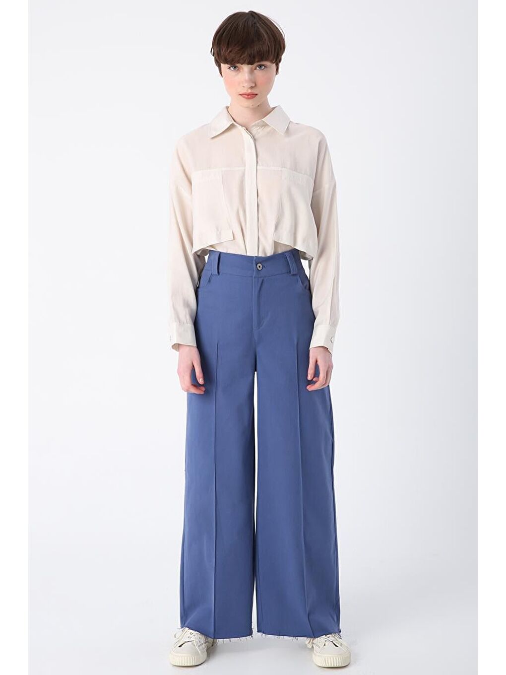 Mavi-Pamuklu Paçası Püsküllü Nervürlü Bol Paça Pantolon-1