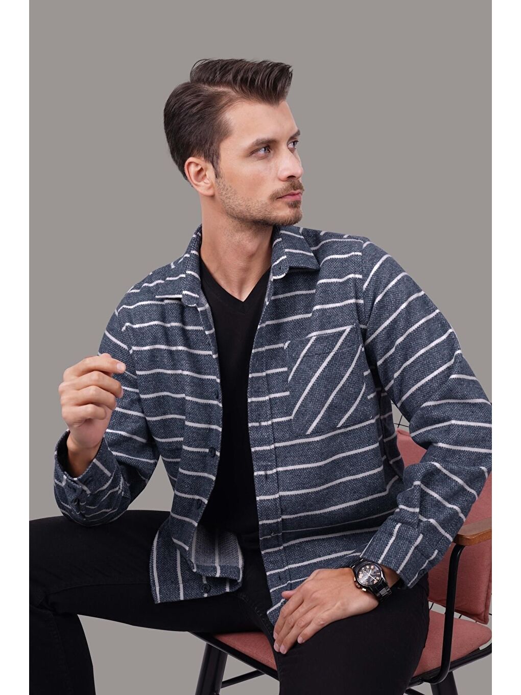 Mavi Beyaz Çizgili Oversize Oduncu Erkek Gömlek-3