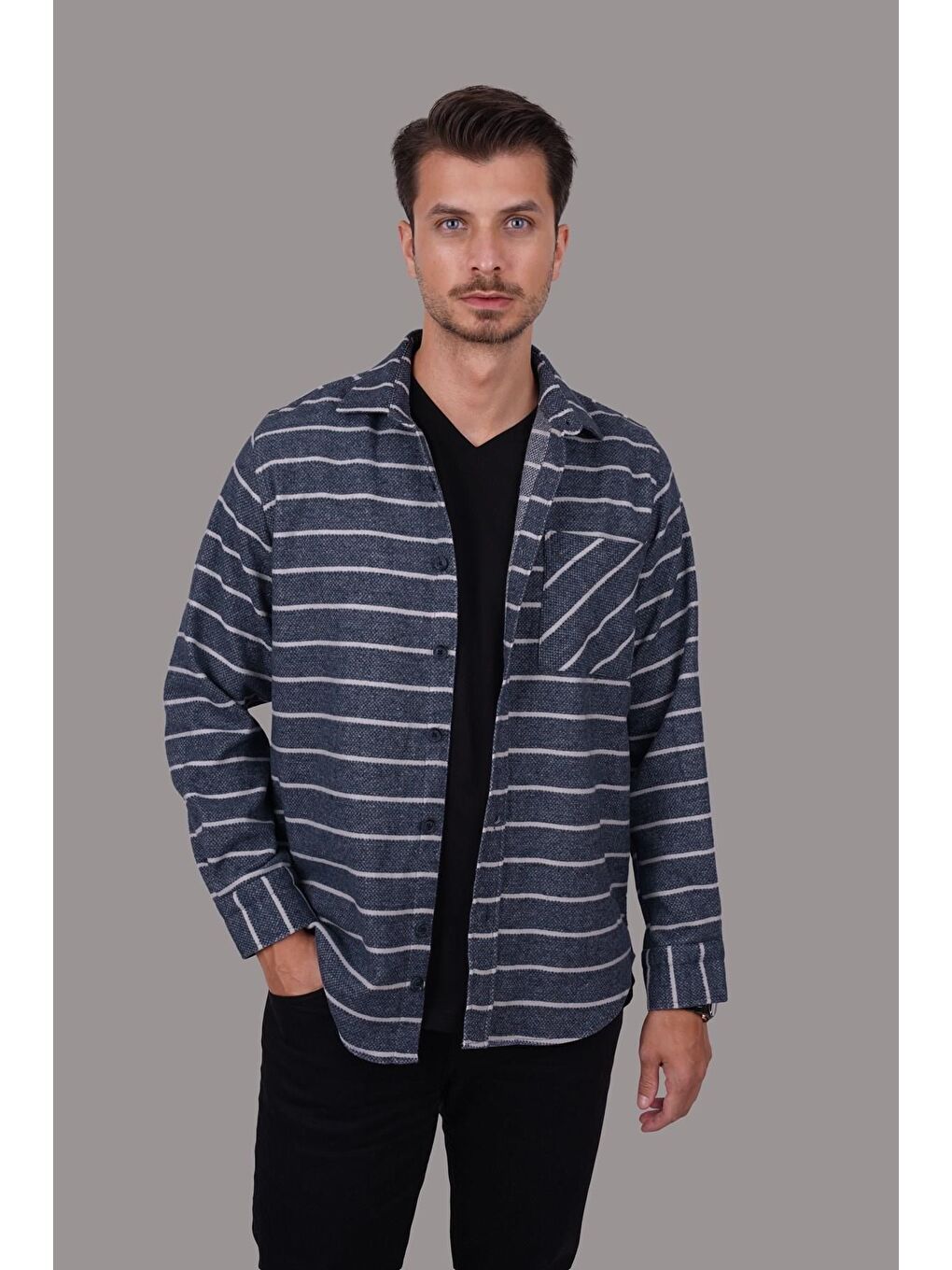 Mavi Beyaz Çizgili Oversize Oduncu Erkek Gömlek-4