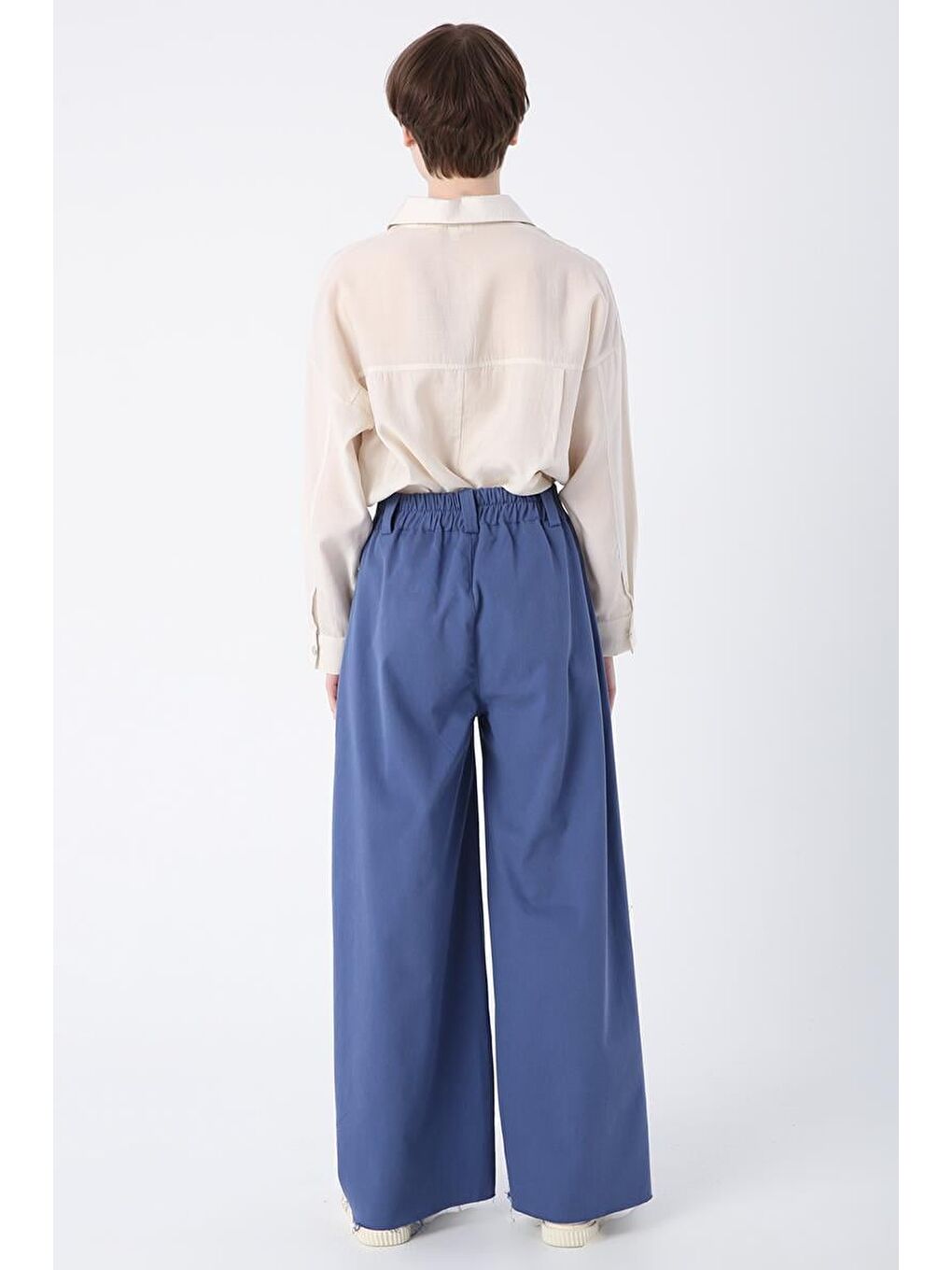 Mavi-Pamuklu Paçası Püsküllü Nervürlü Bol Paça Pantolon-3