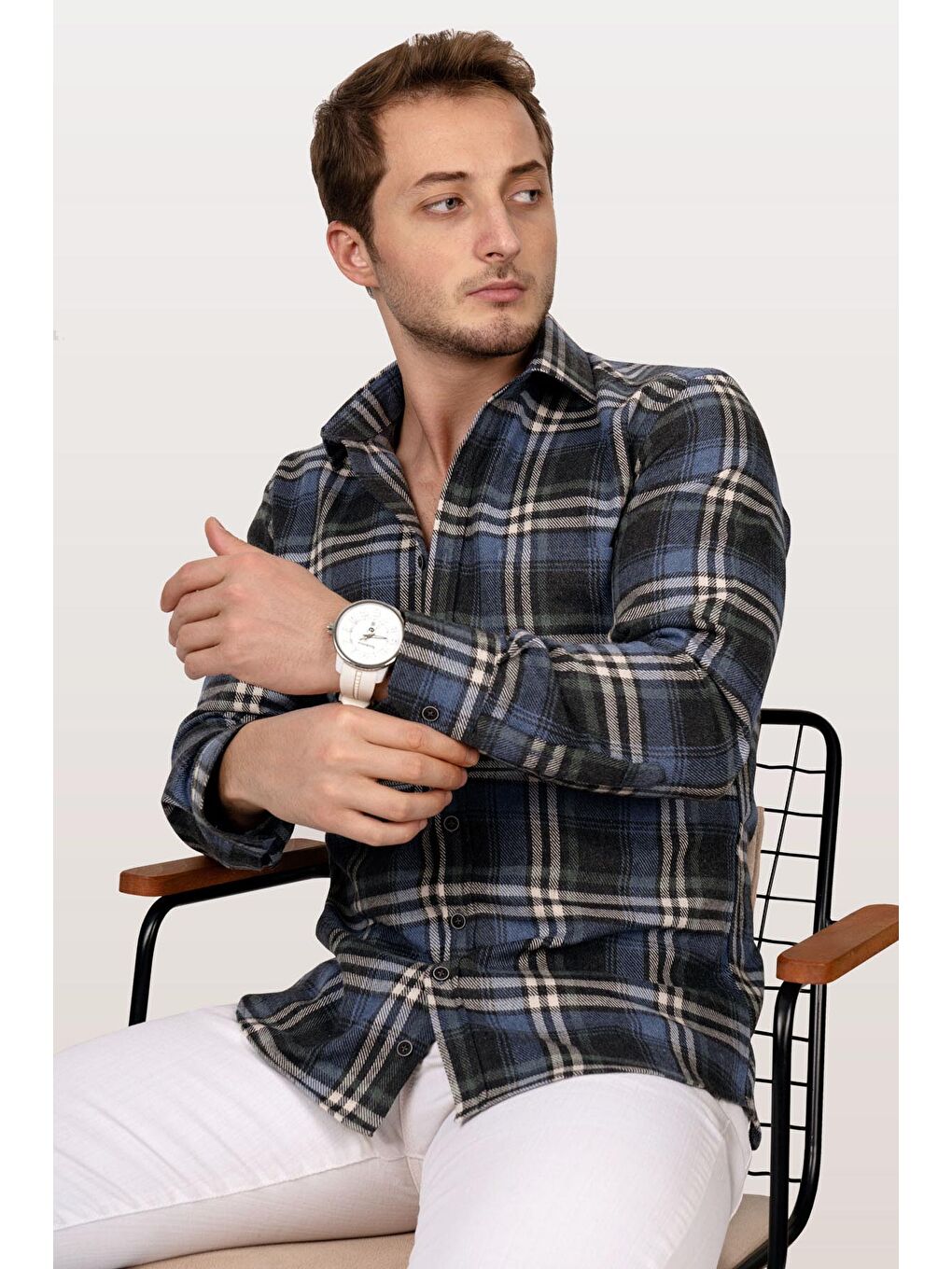 Lacivert Beyaz Slimfit Oduncu Erkek Gömlek-2