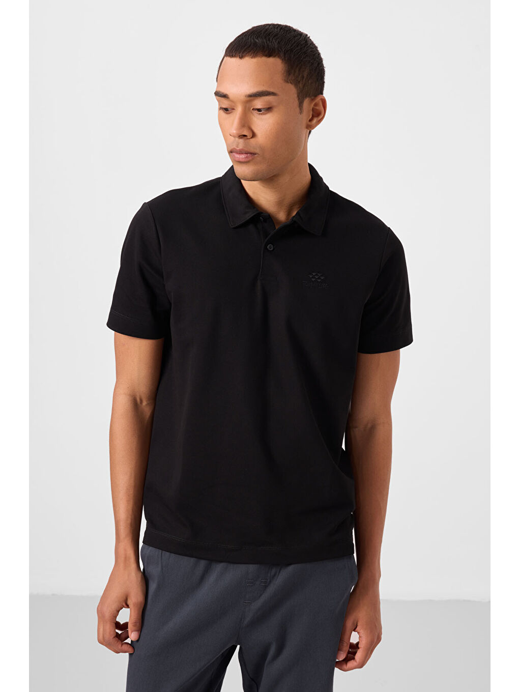 Siyah Basic Logolu Standart Kalıp Triko Polo Yaka Erkek Tişört - 87748-3