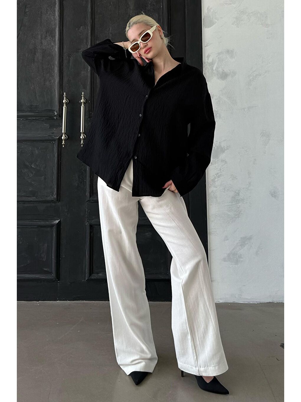 Siyah Uzun Kollu Çizgili Oversize Gömlek Mg2080