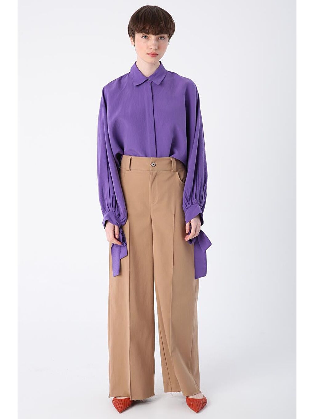 Bej01-Pamuklu Paçası Püsküllü Nervürlü Bol Paça Pantolon-1