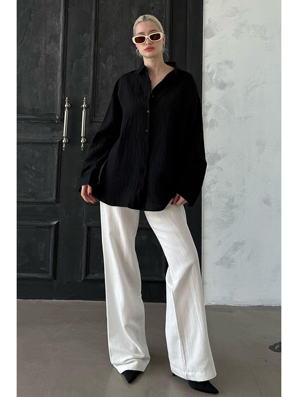 Siyah Uzun Kollu Çizgili Oversize Gömlek Mg2080-2