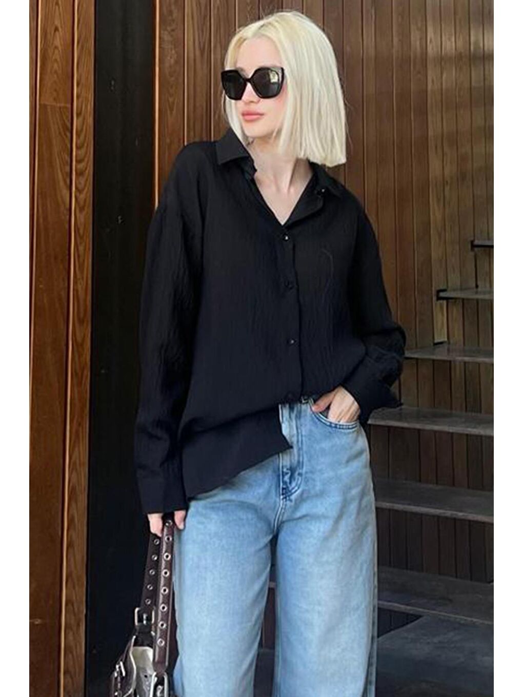 Siyah Uzun Kollu Çizgili Oversize Gömlek Mg2080-3