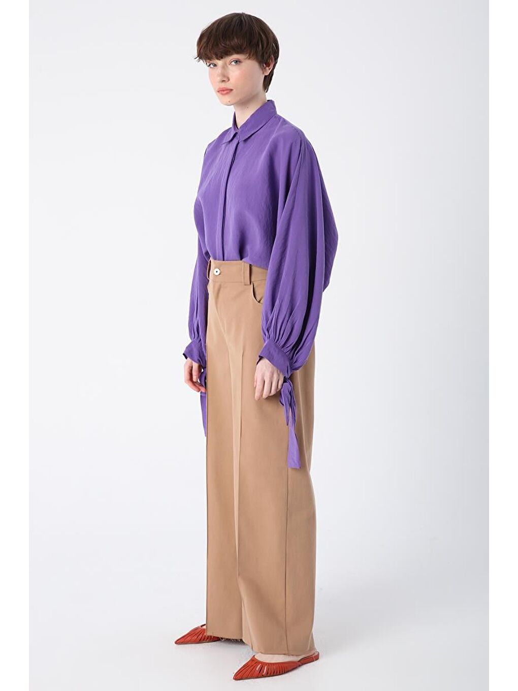 Bej01-Pamuklu Paçası Püsküllü Nervürlü Bol Paça Pantolon-2