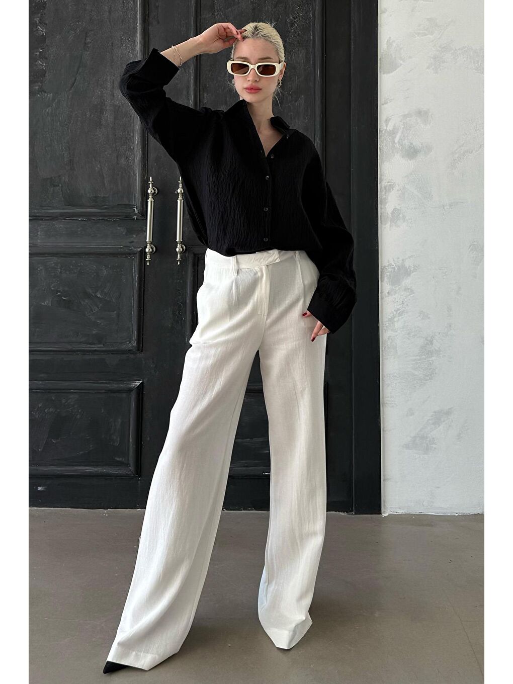 Siyah Uzun Kollu Çizgili Oversize Gömlek Mg2080-4