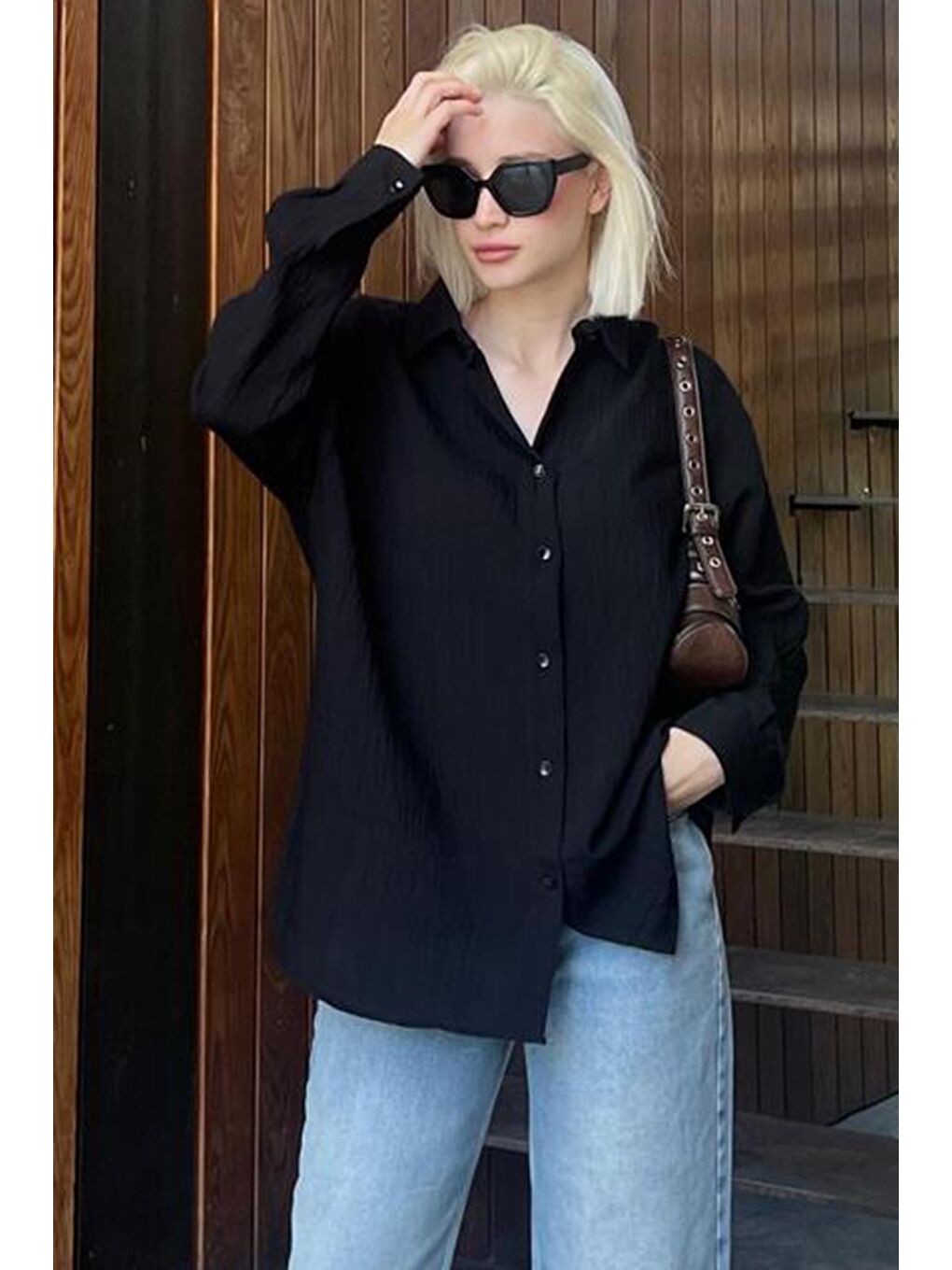 Siyah Uzun Kollu Çizgili Oversize Gömlek Mg2080-5