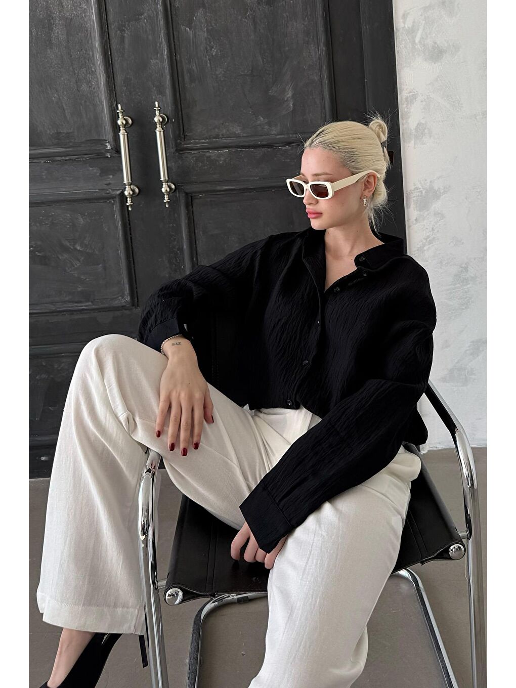 Siyah Uzun Kollu Çizgili Oversize Gömlek Mg2080-6