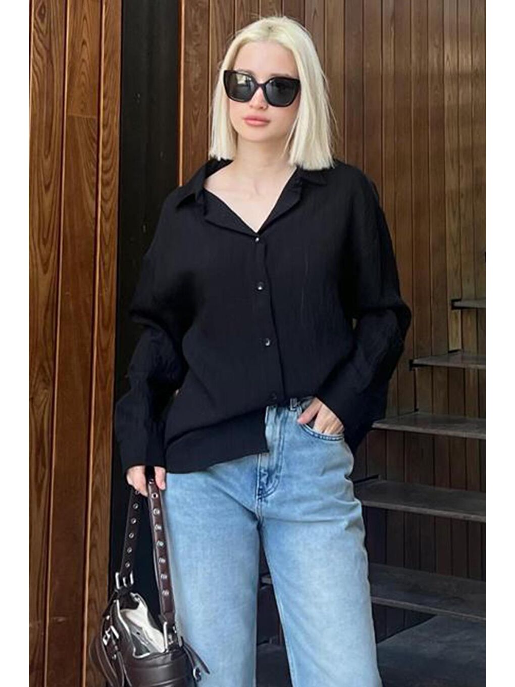 Siyah Uzun Kollu Çizgili Oversize Gömlek Mg2080-7