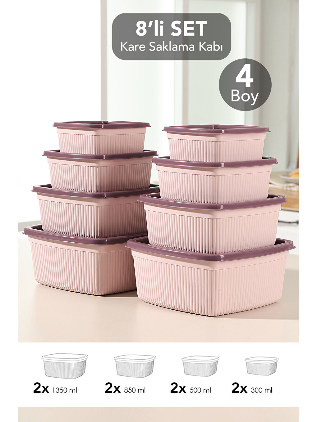 Pembe 8'li Çizgili Kare Gıda Saklama Kabı Seti