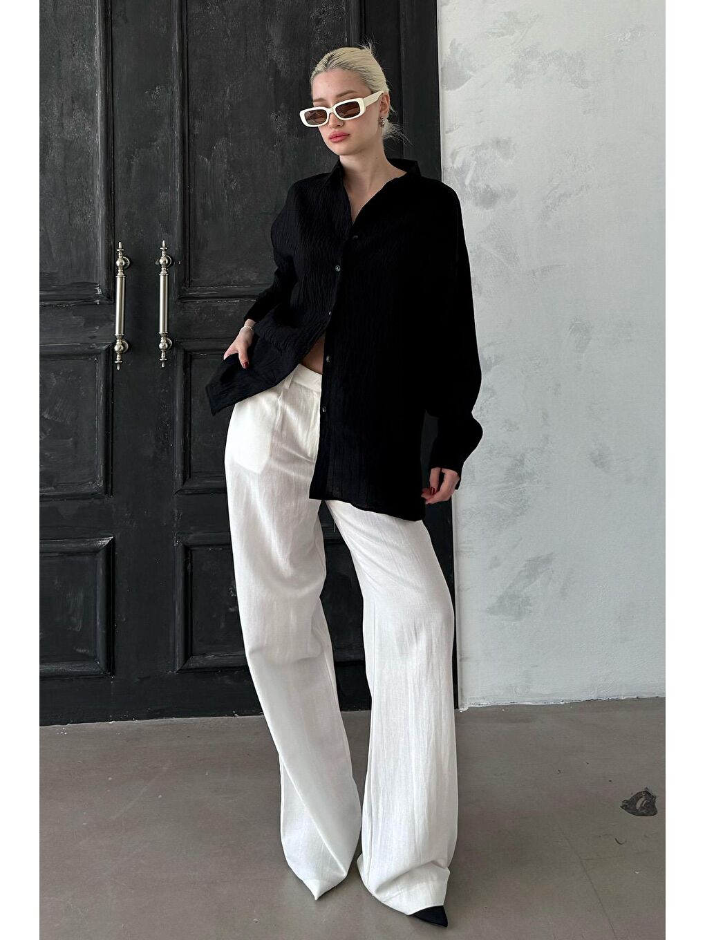 Siyah Uzun Kollu Çizgili Oversize Gömlek Mg2080-8