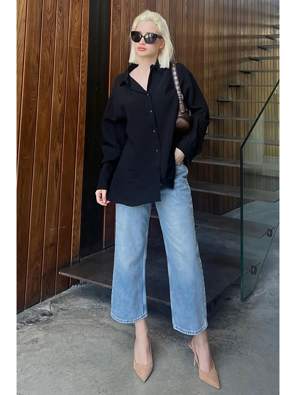 Siyah Uzun Kollu Çizgili Oversize Gömlek Mg2080-9