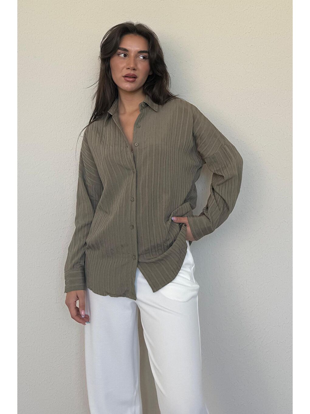 Haki Uzun Kollu Çizgili Oversize Gömlek Mg2080-1