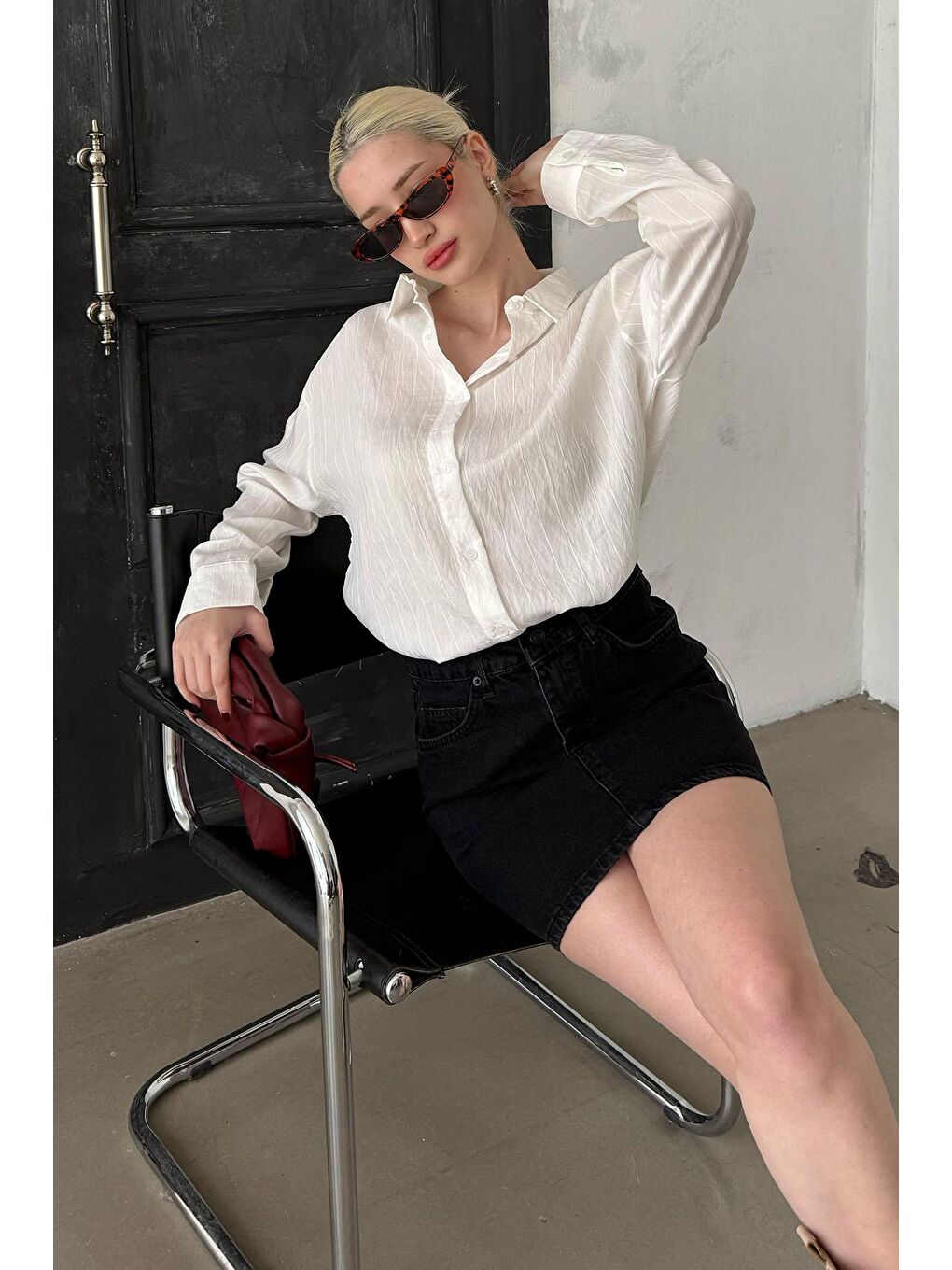 Beyaz Uzun Kollu Çizgili Oversize Gömlek Mg2080-3