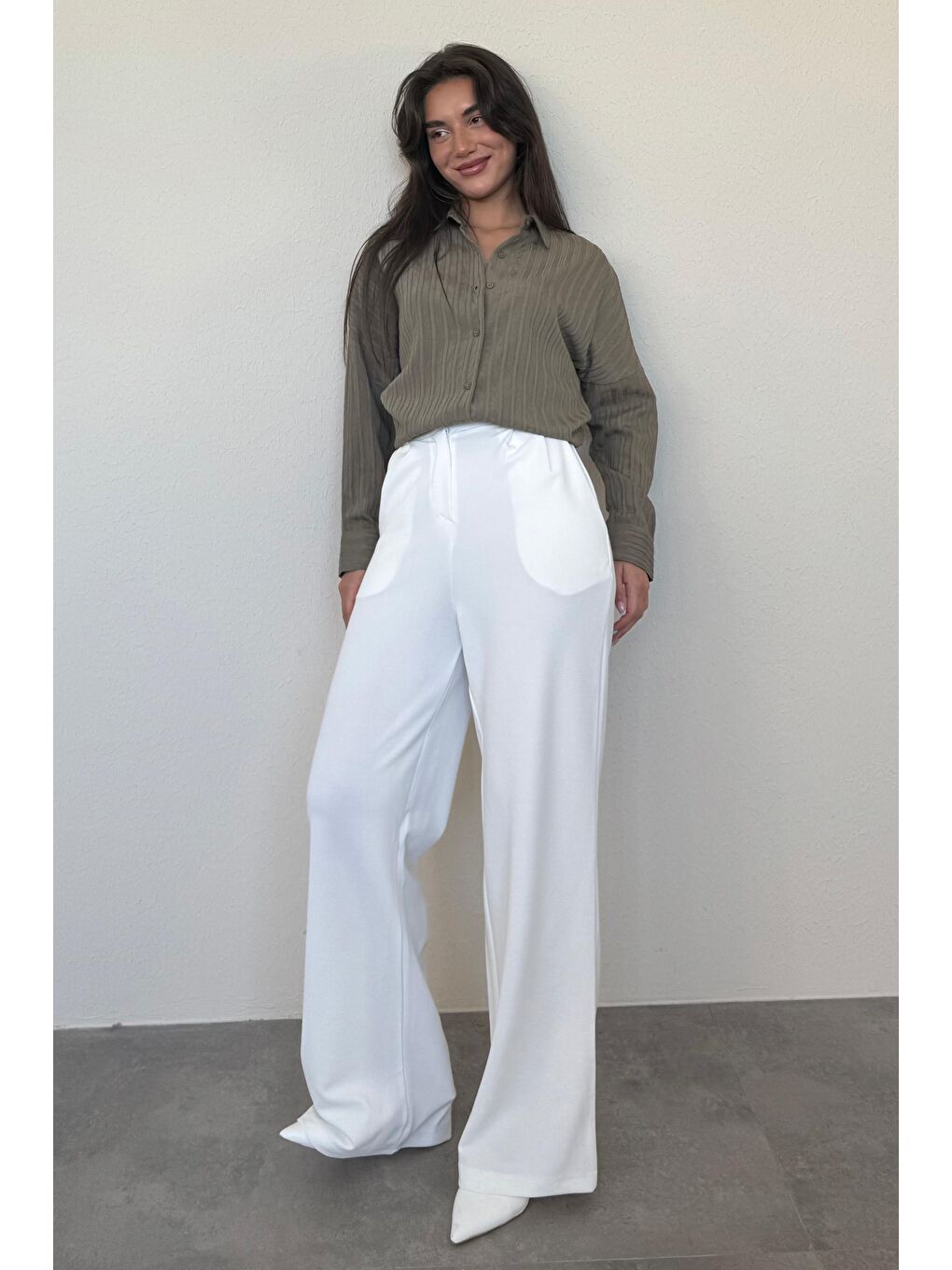 Haki Uzun Kollu Çizgili Oversize Gömlek Mg2080-2