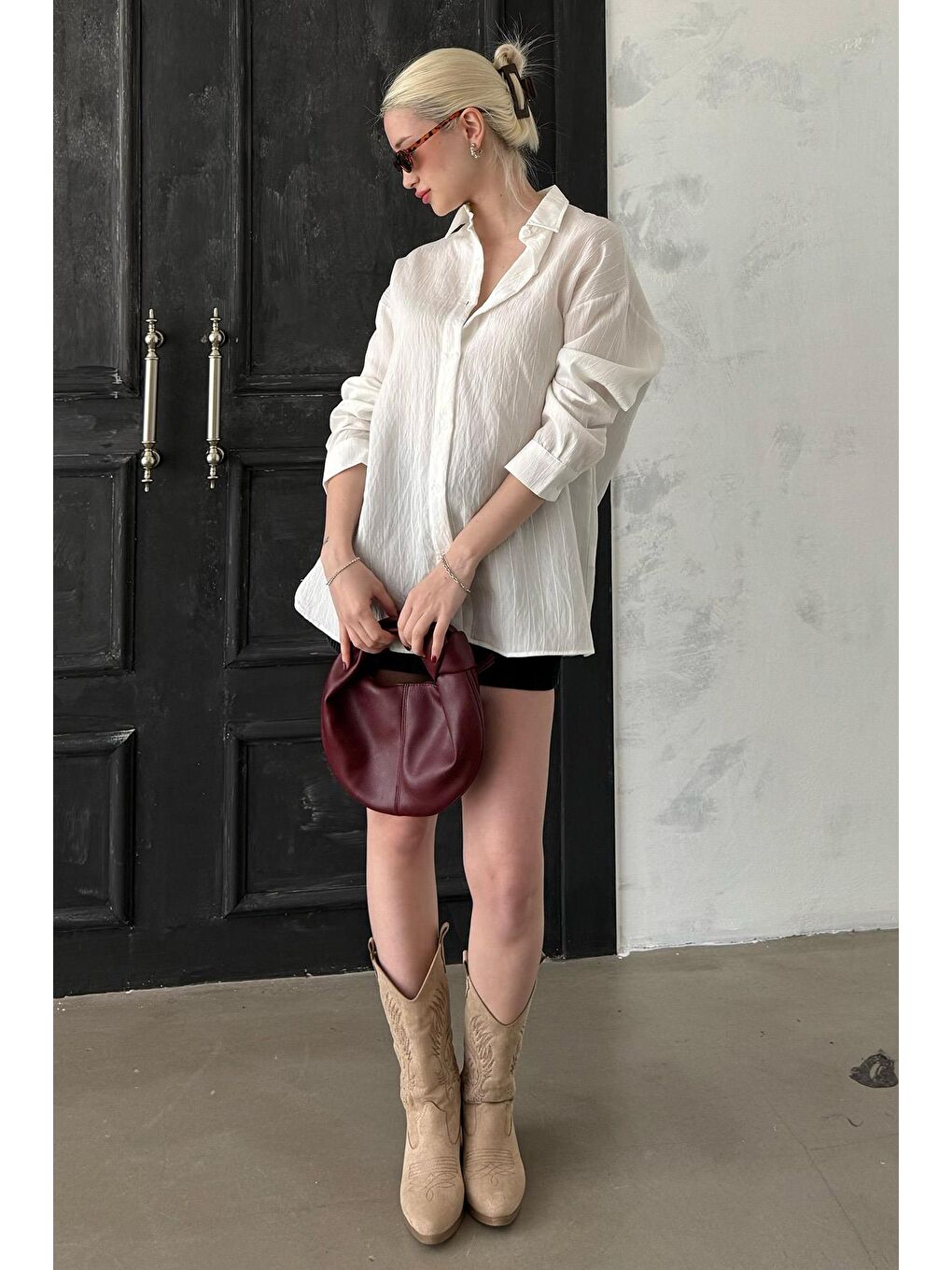 Beyaz Uzun Kollu Çizgili Oversize Gömlek Mg2080-4