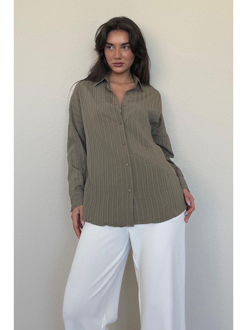 Haki Uzun Kollu Çizgili Oversize Gömlek Mg2080-3