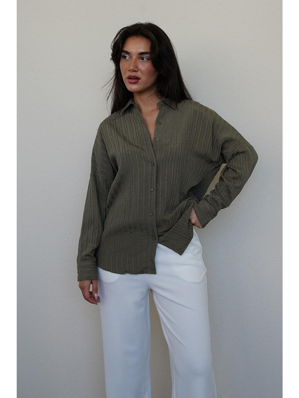 Haki Uzun Kollu Çizgili Oversize Gömlek Mg2080-5
