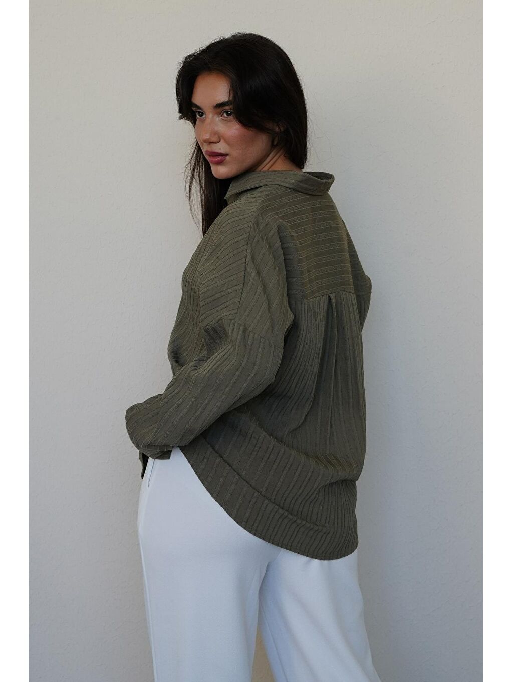 Haki Uzun Kollu Çizgili Oversize Gömlek Mg2080-6