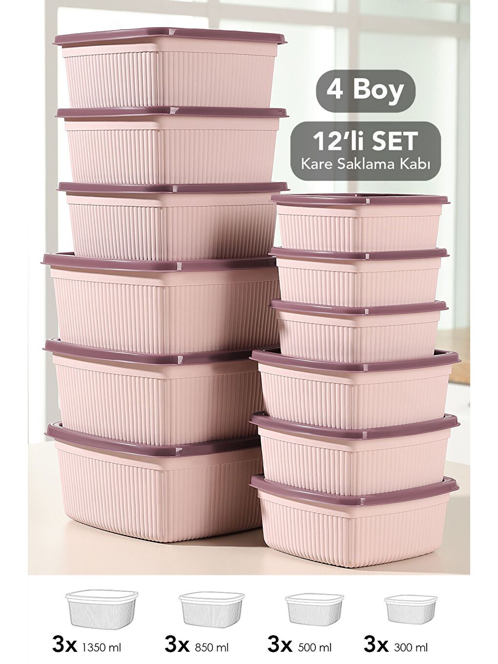 Pembe 12'li Çizgili Kare Gıda Saklama Kabı Seti
