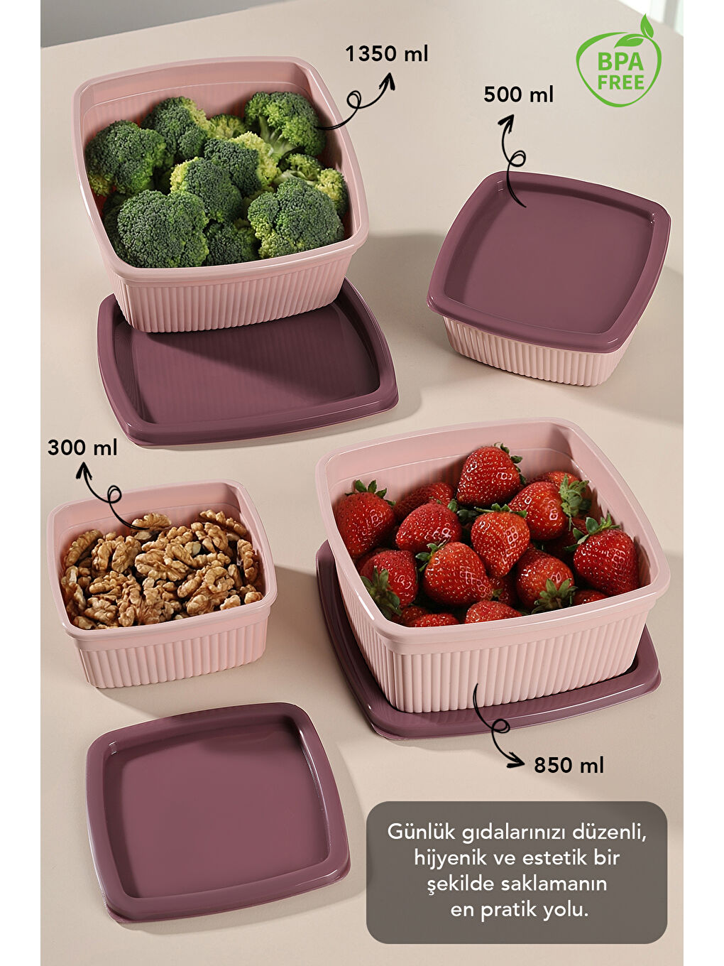Pembe 12'li Çizgili Kare Gıda Saklama Kabı Seti-1