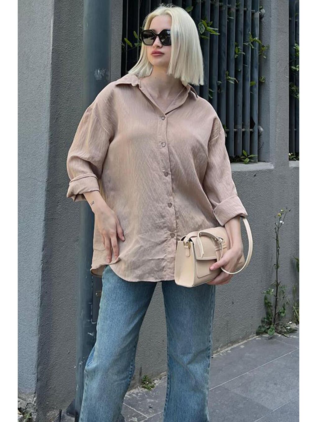 Bej Uzun Kollu Çizgili Oversize Gömlek Mg2080-2