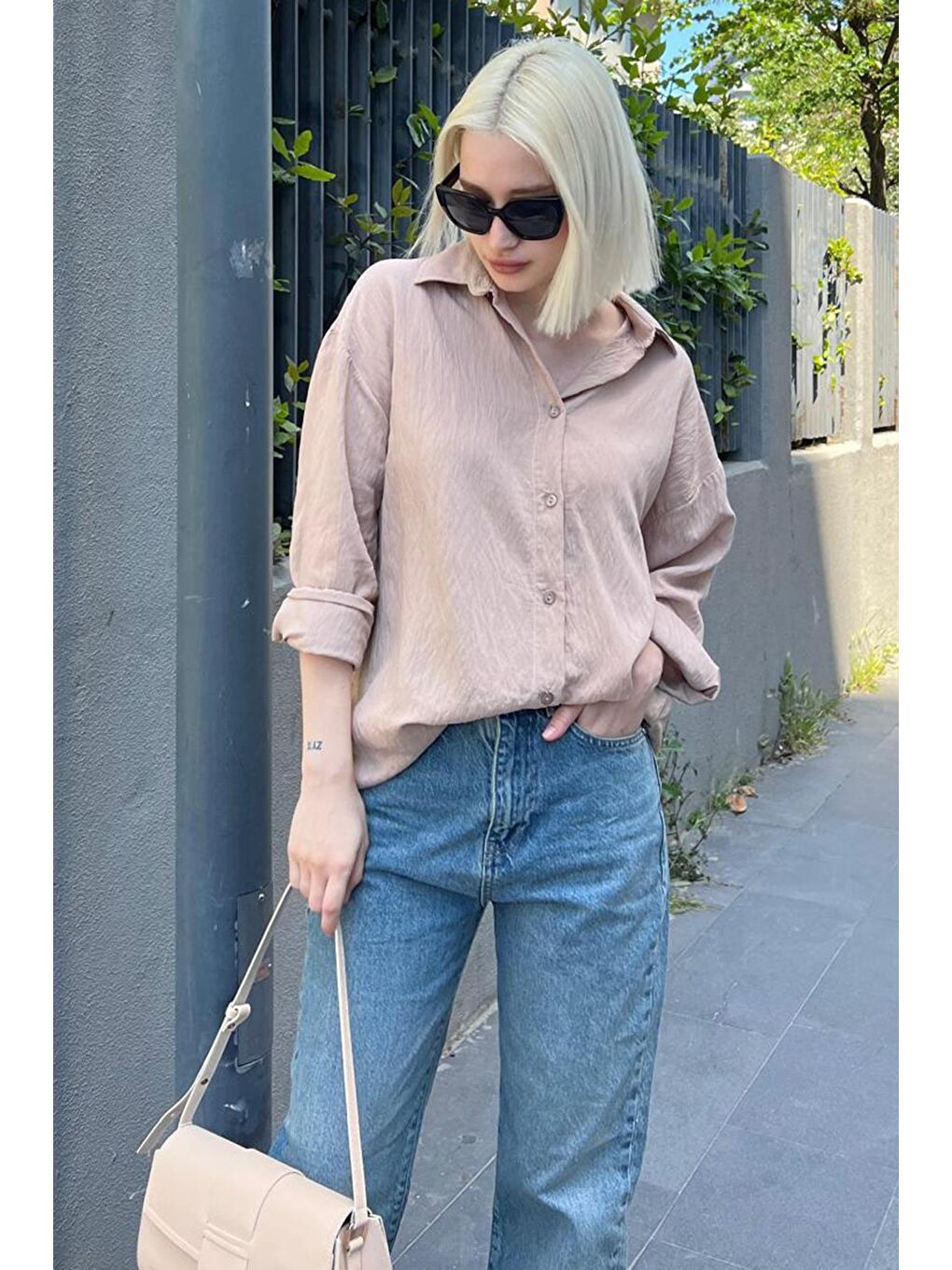 Bej Uzun Kollu Çizgili Oversize Gömlek Mg2080-3