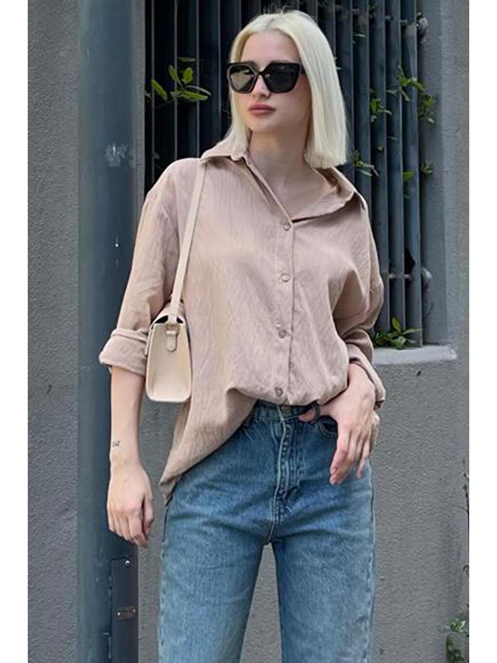 Bej Uzun Kollu Çizgili Oversize Gömlek Mg2080-6