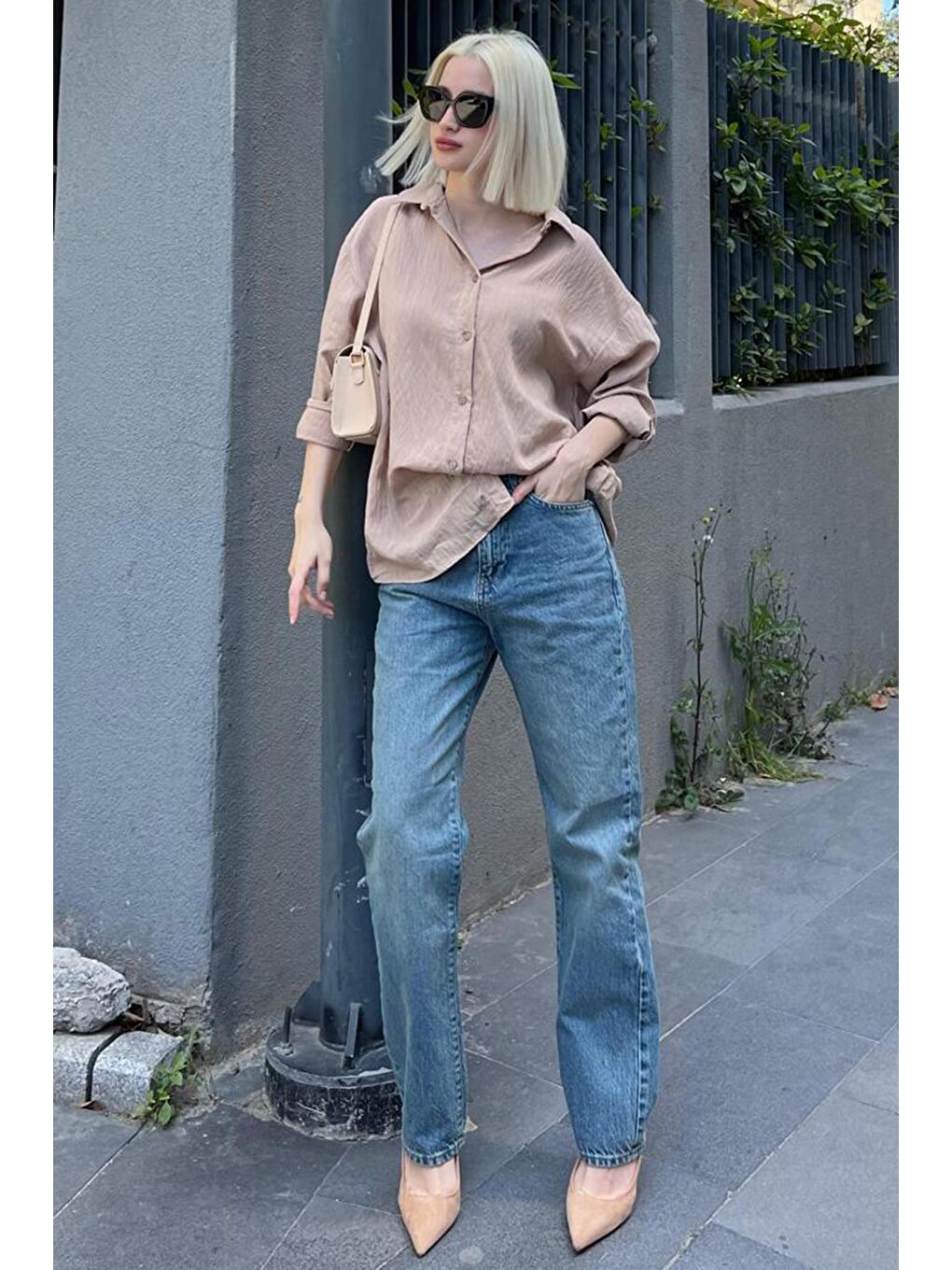 Bej Uzun Kollu Çizgili Oversize Gömlek Mg2080-7