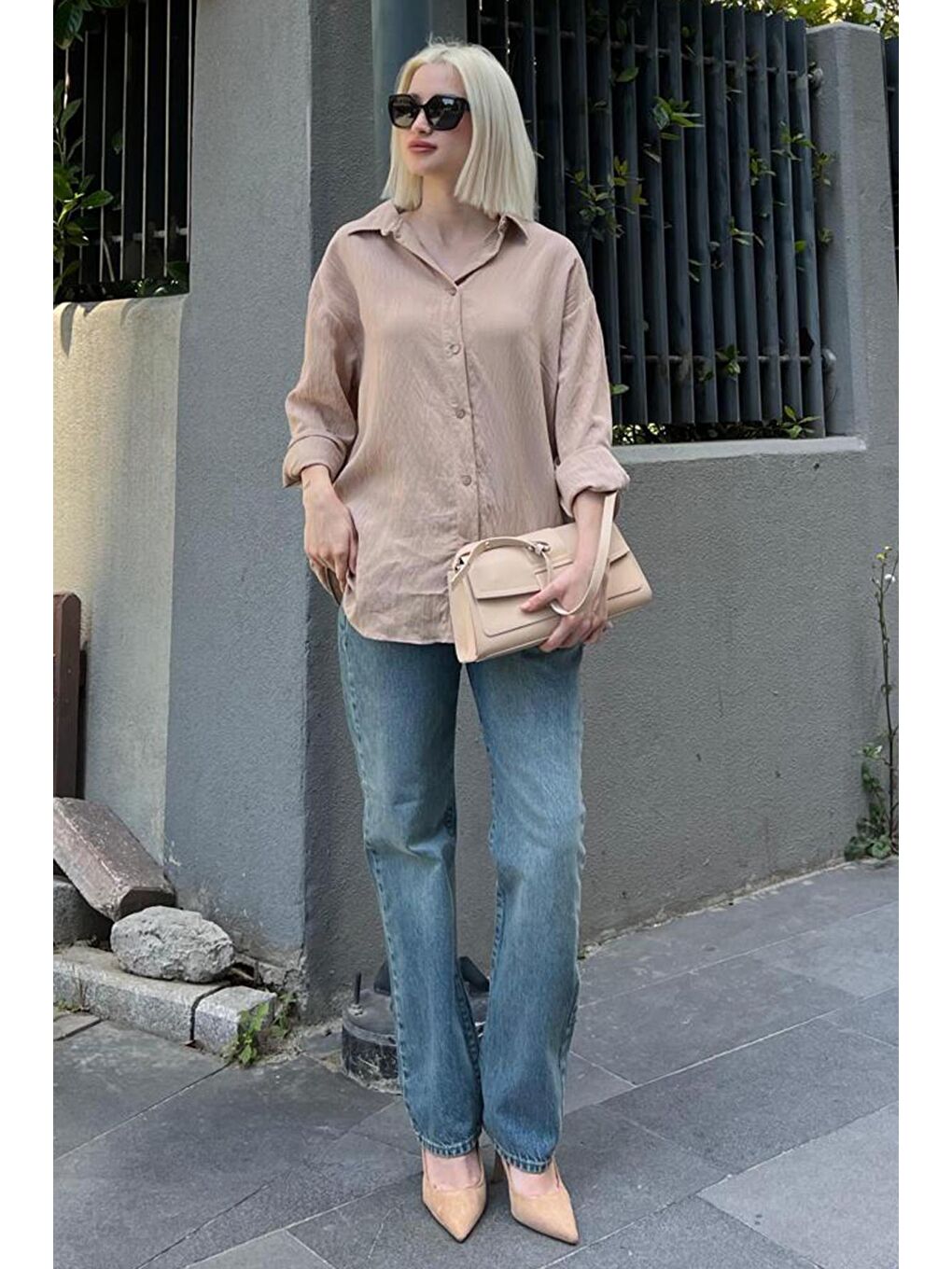 Bej Uzun Kollu Çizgili Oversize Gömlek Mg2080-8