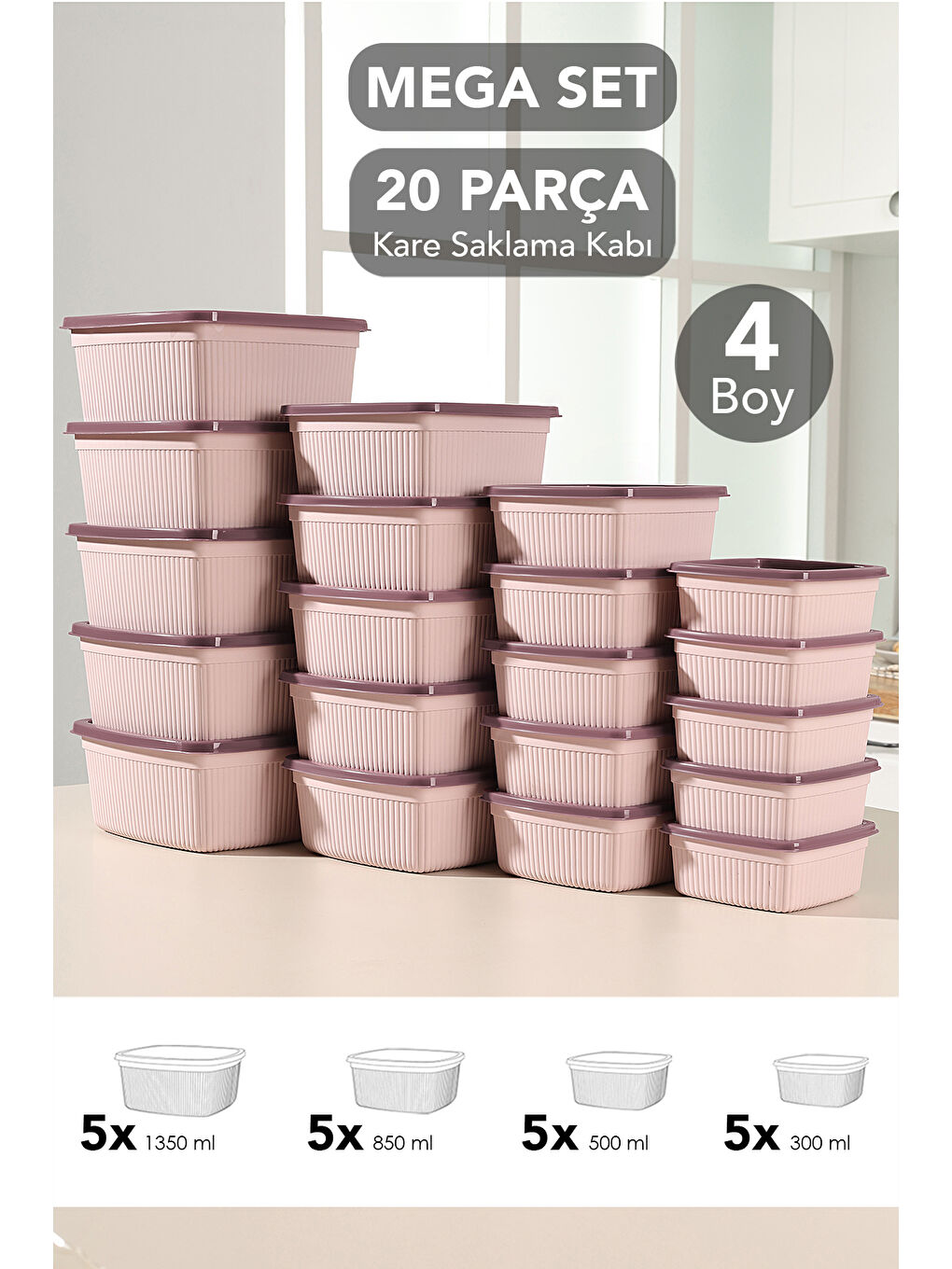Pembe 20'li Çizgili Kare Gıda Saklama Kabı Seti