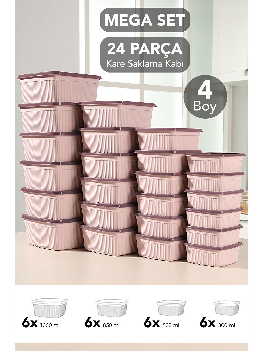 Pembe 24'lü Çizgili Kare Gıda Saklama Kabı Seti
