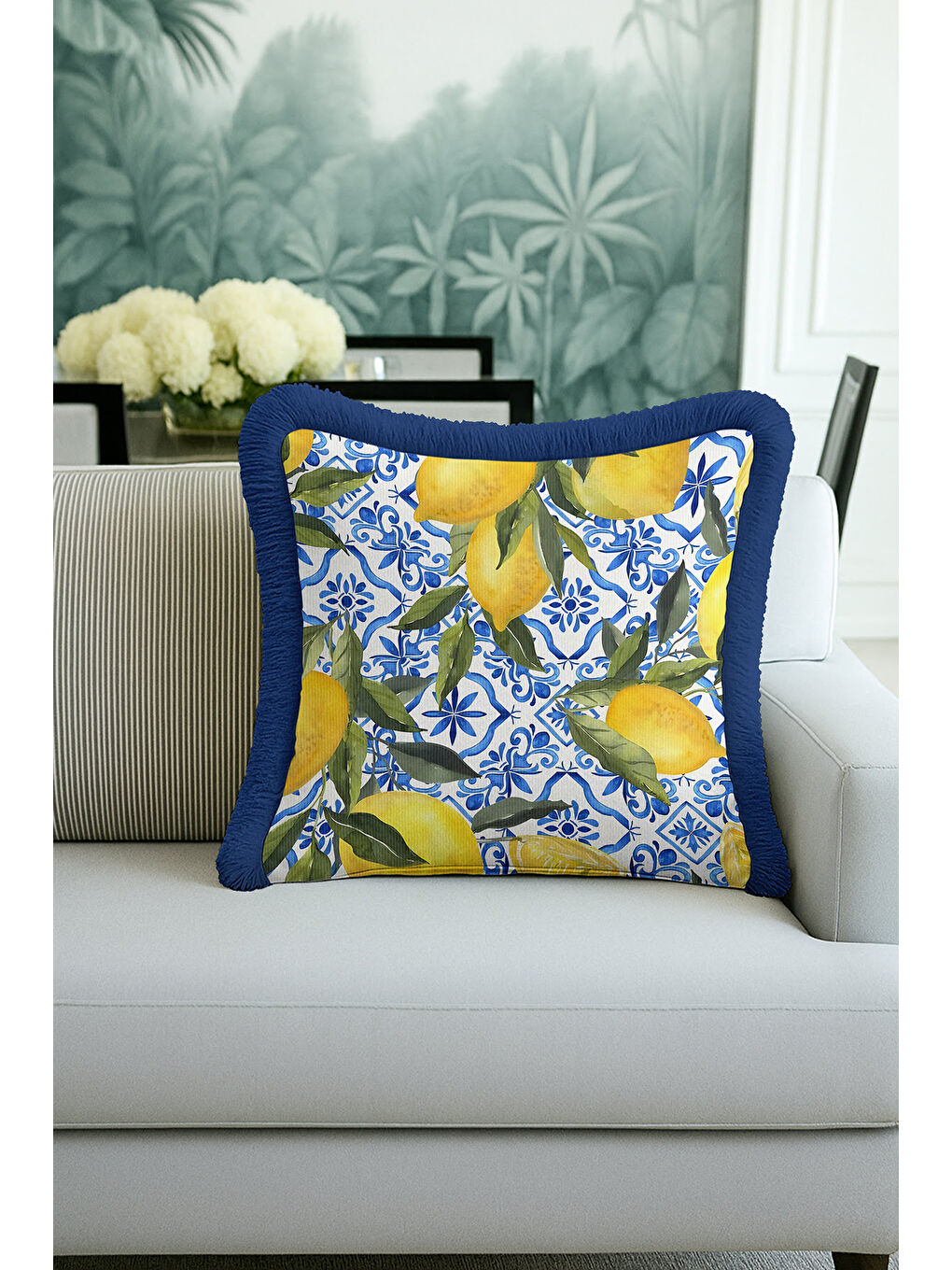 Karışık Akdeniz Esintili Limon Motifli Saçaklı Yastık Kılıfı - Ferah Stil Mavi Sarı Püsküllü Kırlent Kılıfı-1