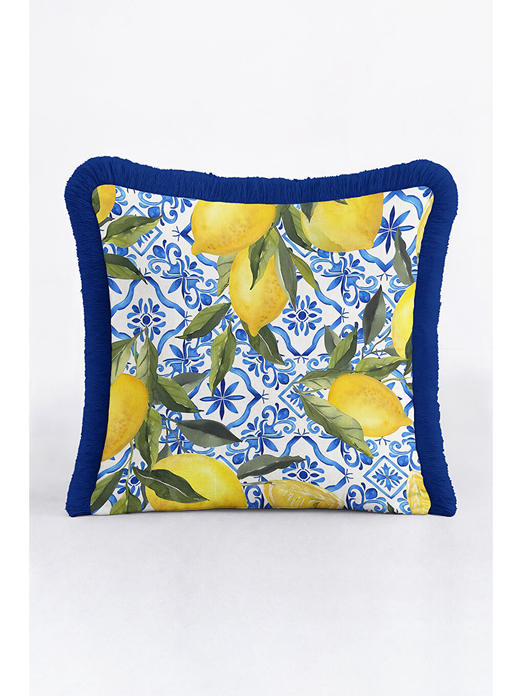 Karışık Akdeniz Esintili Limon Motifli Saçaklı Yastık Kılıfı - Ferah Stil Mavi Sarı Püsküllü Kırlent Kılıfı-7