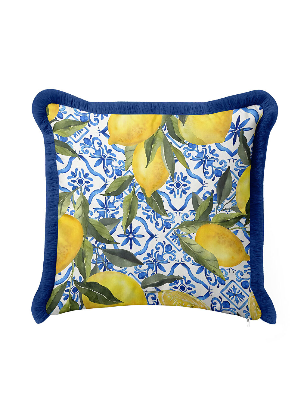 Karışık Akdeniz Esintili Limon Motifli Saçaklı Yastık Kılıfı - Ferah Stil Mavi Sarı Püsküllü Kırlent Kılıfı-5