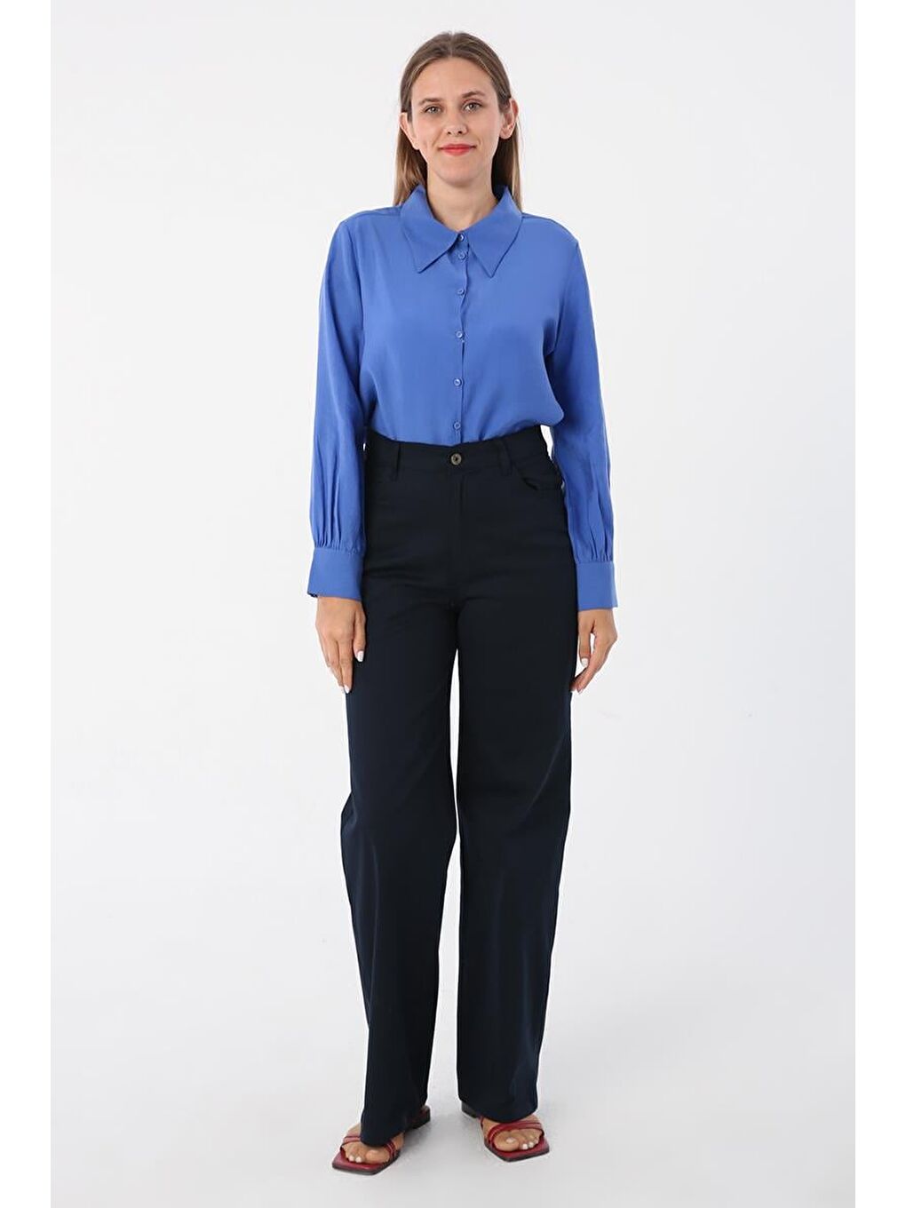 Lacivert Pamuklu Yüksek Bel Bol Paça Elastanlı Pantolon-1