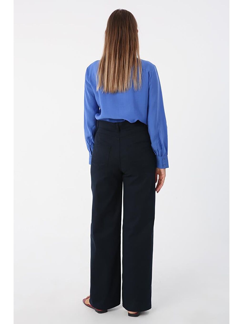 Lacivert Pamuklu Yüksek Bel Bol Paça Elastanlı Pantolon-2