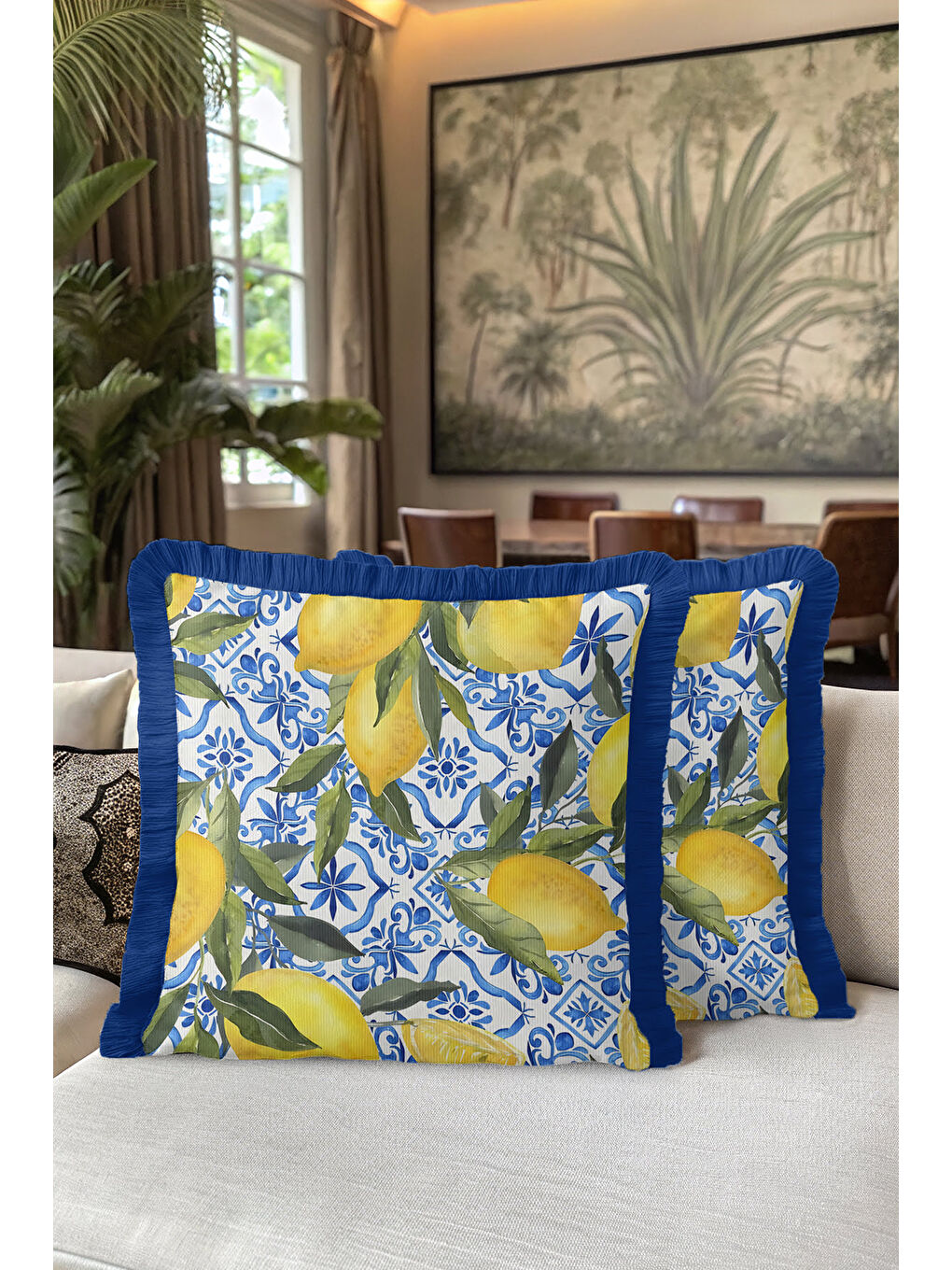 Karışık Akdeniz Esintili Limon Motifli Saçaklı Yastık Kılıfı - Ferah Stil Mavi Sarı Püsküllü Kırlent Kılıfı-3