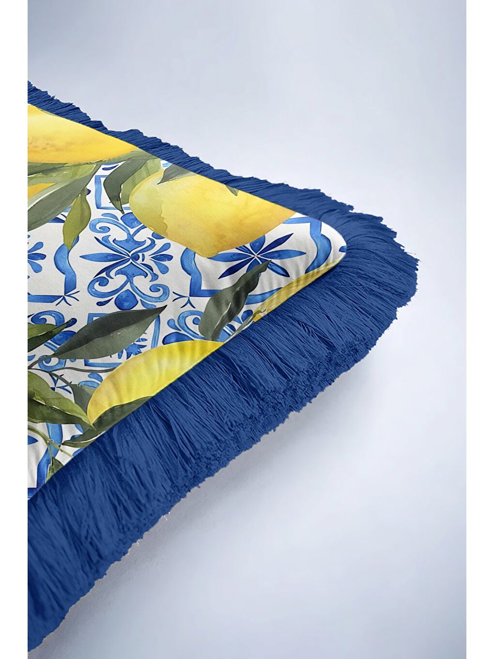 Karışık Akdeniz Esintili Limon Motifli Saçaklı Yastık Kılıfı - Ferah Stil Mavi Sarı Püsküllü Kırlent Kılıfı-6