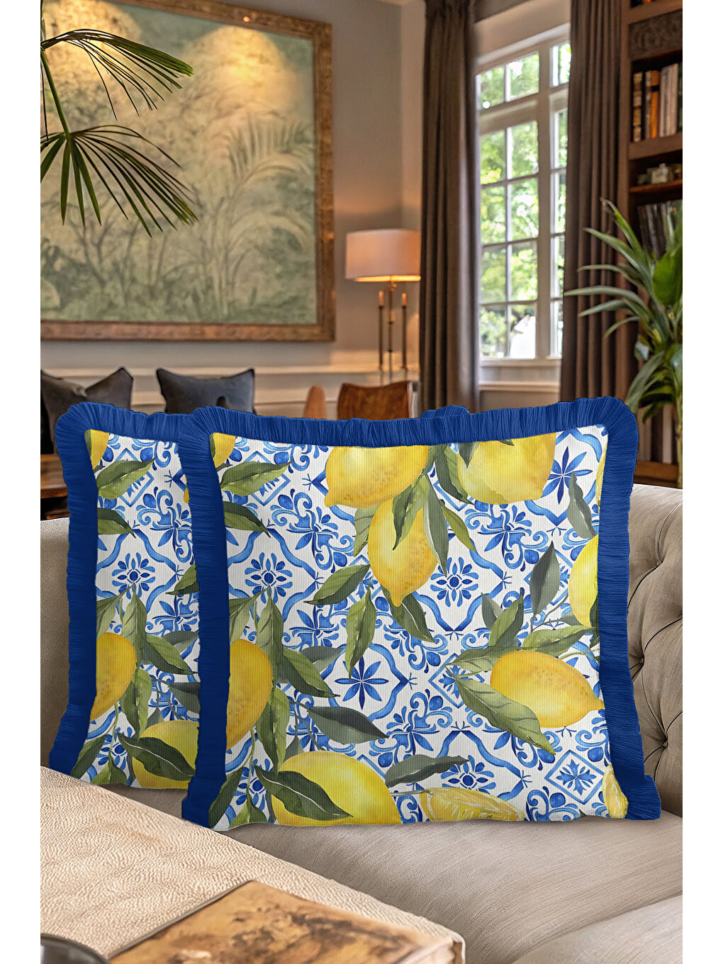 Karışık Akdeniz Esintili Limon Motifli Saçaklı Yastık Kılıfı - Ferah Stil Mavi Sarı Püsküllü Kırlent Kılıfı-4