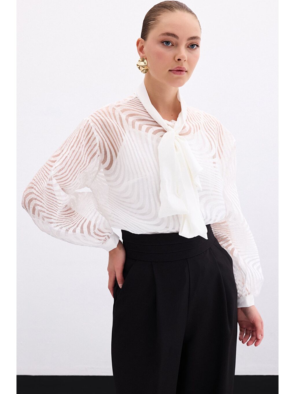 Fularlı Zebra Desenli Gömlek - Ekru-4