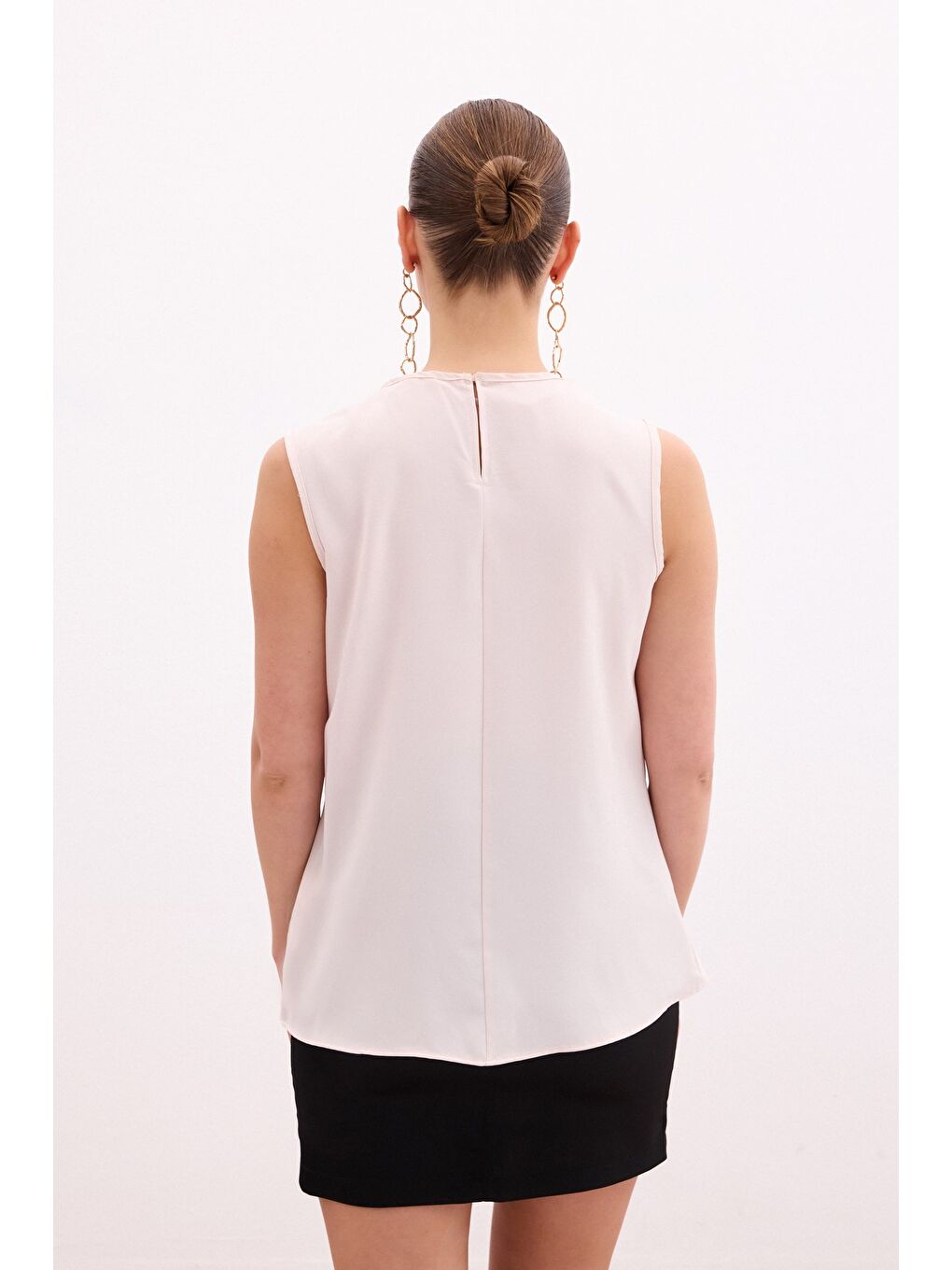 Pembe Degaje Yaka Kolsuz Bluz - Pudra-5